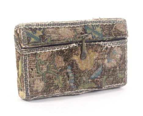 A 17th Century small purse or needle case, the wooden core covered in tapestry, one side with a girl seated beside a tree ami