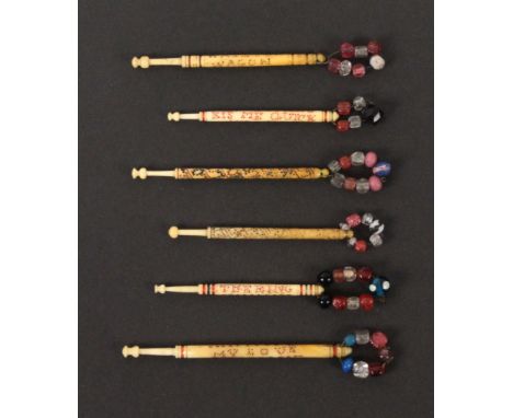 Six spot inscribed bone lace bobbins, two with spiral inscriptions - Had My Hart For Falsehood Framed / I Love My Love Becaus