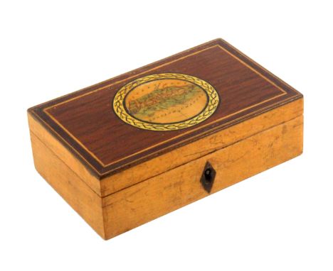 An early Tunbridge ware white wood rectangular box, the partridge wood lid centred by a circular colour print depicting the s