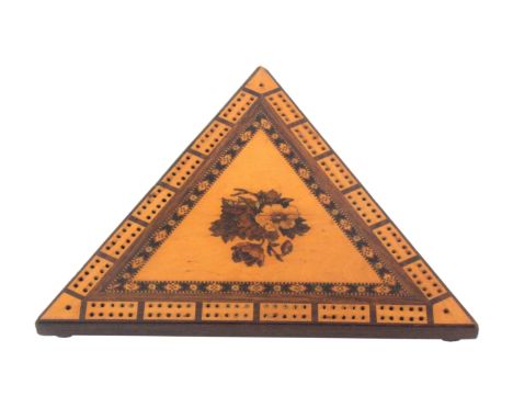 A Tunbridge ware cribbage board of triangular form, centred by an inset mosaic panel of a group of flowers within a geometric