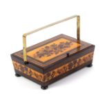 A Tunbridge ware rosewood sewing pannier, of rectangular form raised on turned bun feet, the pin