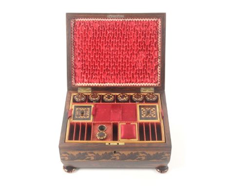 A good rosewood Tunbridge ware sewing box with accessories, of sarcophagol form, the lid with a mosaic geometric panel set in