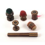 Tunbridge ware - sewing, six pieces, comprising a stick ware girdle form pin cushion, 3cms, a