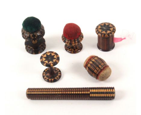 Tunbridge ware - sewing, six pieces, comprising a stick ware girdle form pin cushion, 3cms, a rosewood reel with stick ware e