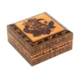 A Tunbridge ware box, of square form the sides veneered in burr elm and with a narrow band of