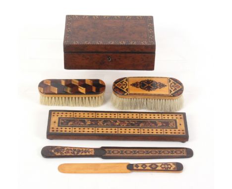 Tunbridge ware - six pieces, comprising a floral mosaic cribbage board, 23cms, a yew wood rectangular box, the hinged lid wit