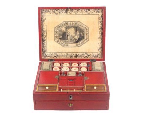 A fine and particularly well preserved and fitted late Georgian red leather covered sewing box, of rectangular form with cant