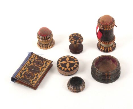 Tunbridge ware - sewing, seven pieces, comprising a stick ware combination waxer/tape measure/pin cushion with complete print