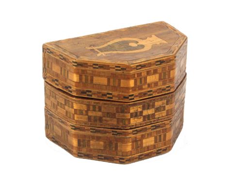 An unusual early 19th Century French split and coloured straw work bonbonniere, of half octagonal form, formed from three par