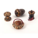 Tunbridge ware - sewing, four pieces, comprising a stick ware basket form pin cushion with bound