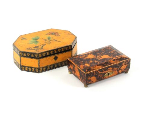 Two late 18th Century white wood boxes, comprising an elongated octagonal example, the lid painted with an insect and two but