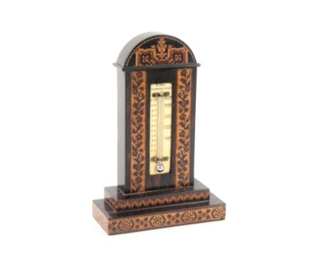 A 19th Century Tunbridge ware coromandel wood desk thermometer by Edmund Nye, stepped base with bands of geometric mosaic, th