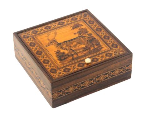 A Tunbridge ware rosewood box, of square form, the pin hinge lid with a large mosaic panel of a deer in landscape within a ge