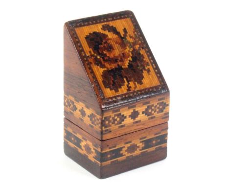 A large rosewood Tunbridge ware slant top needle packet box, the sloping top with a mosaic panel of a flower and leaves, the 