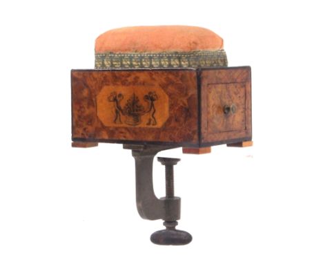 An unusual 19th Century continental sewing clamp, the curved brass frame with steel screw supporting a burr walnut rectangula