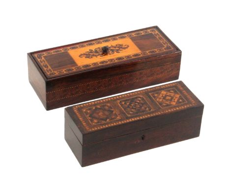 Two Tunbridge ware rosewood boxes, both of rectangular form, comprising a hinged lid example the top with three stick ware pa