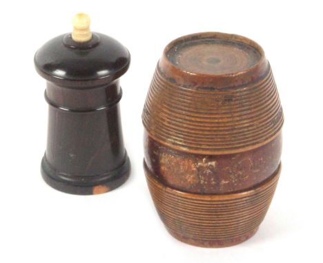 An early Tunbridge ware nutmeg grater and a rosewood go to bed, the nutmeg grater of ribbed barrel form, the central band wit