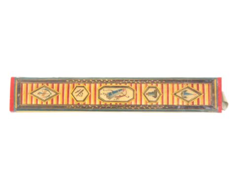 A fine split and coloured straw work documentary skein holder (presumably French Prisoner of War work), one side with five cu