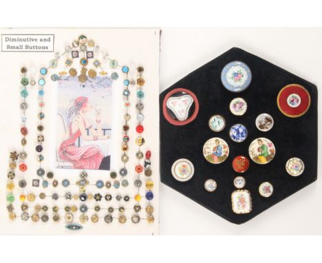 Two displays of buttons, comprising a display of sixteen mostly ceramic examples, mostly hand painted, largest 3.5cms, and a 