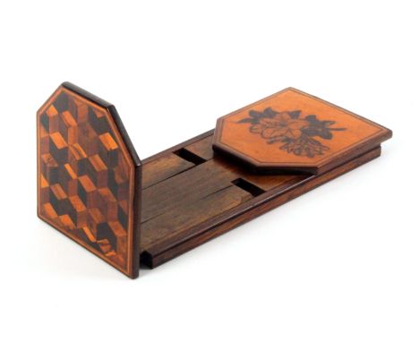 A rare Tunbridge ware rosewood book slide labelled for T. Waterman and Son, the rosewood frame with two hinged ends of square