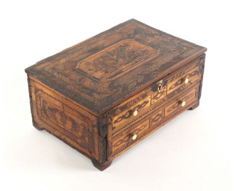 A split and coloured straw work box, probably French prisoner of war work, circa 1810, of rectangular form, the front fitted 
