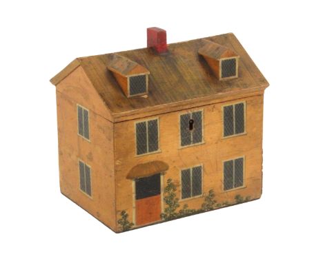 An early painted Tunbridge ware white wood cottage form sewing box, the front painted with a stable door with thatched canopy