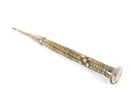 A good example of a Dutch bound feather quill and silver mounted knitting stick, of tapering cylinder form, the terminal with