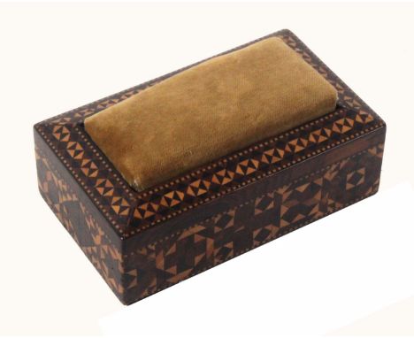 A rosewood Tunbridge ware weighted pin cushion, of rectangular form, the sides in bold geometric stick ware below a sloping s