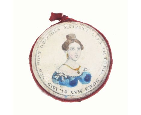 A rare printed paper disc form pin cushion commemorating the crowning of Queen Victoria, one side with colour bust portrait a