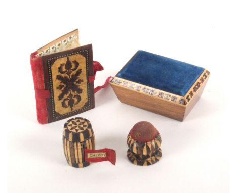 Tunbridge ware - sewing, four pieces, comprising a needle book with mosaic covers, 6cms, a sarcphagol form pin cushion, 6cms,