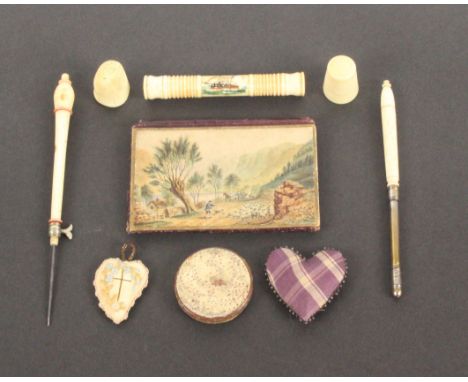 A mixed lot - sewing, comprising two bone handled tambour hooks, one with chuck, one with turn key, lacking cover, a turned b
