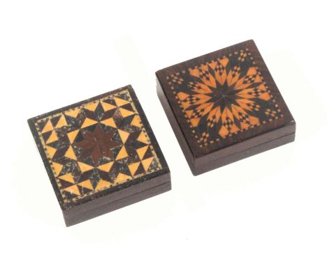 Two Tunbridge ware Euclid puzzle boxes, both in rosewood and with stick ware tops, one with complete puzzle, the other incomp