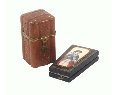 Two continental sewing etuis, circa 1880, comprising a square section tan leather example with brass studs and mounts, push c