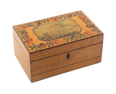 An early Tunbridge ware print and paint decorated rectangular box, the lid with a cut corner rectangular colour print titled 
