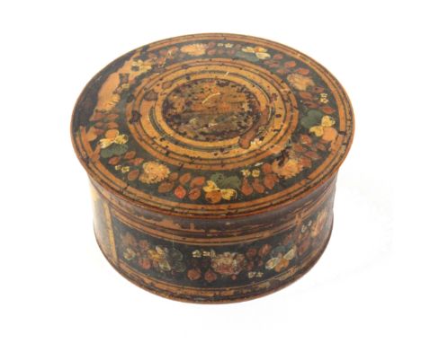 A rare early Tunbridge ware white wood print and paint decorated circular spice box, domed lid with an untitled circular colo