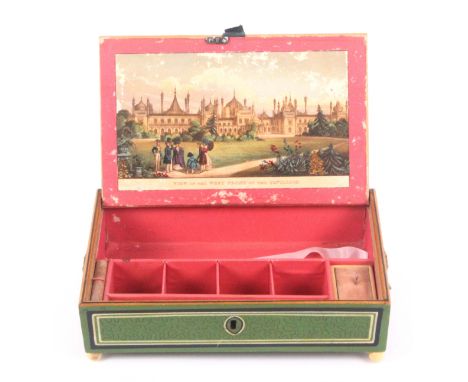An early print and paint decorated white wood Tunbridge ware sewing box, of rectangular form, the pin hinge lid with a titled
