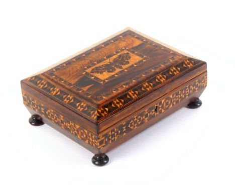A good Tunbridge ware rosewood sewing box and contents of - box of small sarcophagol form, raised on bun feet, the lid centre