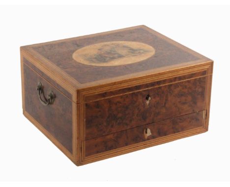 A large burr yew wood sewing and writing box, circa 1790, of rectangular form, the front fitted with a writing drawer complet