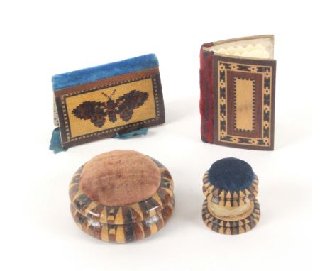 Tunbridge ware - sewing, four pieces, comprising a rectangular needle book one side with a butterfly in mosaic, the other in 