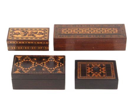 Four small Tunbridge ware rectangular boxes, comprising a rosewood example the inset lid in stick ware with central knob, 8.6