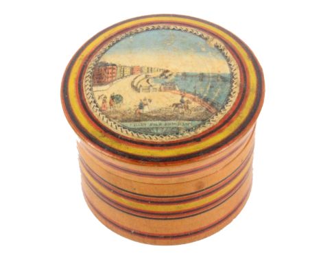 An early Tunbridge ware print and paint decorated circular box, the domed screw lid with a circular colour print titled 'Chai