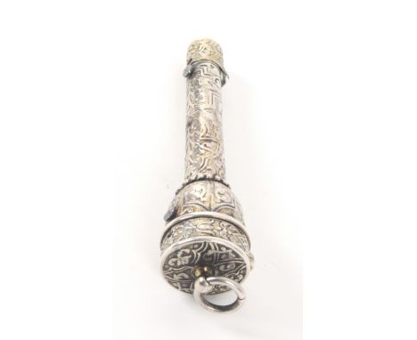 A rare Charles II silver needle and thimble case, the cylinder body decorated with flowers and strap work to a hinged cover w