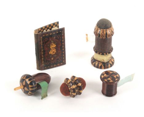 Tunbridge ware - five pieces - sewing, comprising a needle book with mosaic covers and internal chequer boards, 5.5cms, a sti