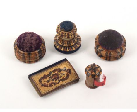 Tunbridge ware - sewing, five pieces, comprising two stick ware circular pin cushions, each 4.5cms dia., a needle book with f