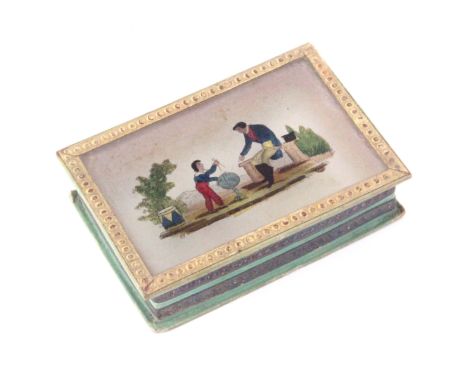 A 19th Century French bonbonniere, of rectangular form, the glass lid with a child taking measurements on a globe instructed 