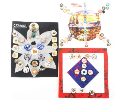 Three displays of ceramic buttons, comprising a card of thirteen Mack Fine ceramic buttons, birds, horses heads and flowers, 