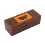 A Tunbridge ware rosewood box, of rectangular form, the sides with a band of geometric mosaic, the