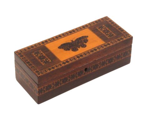 A Tunbridge ware rosewood box, of rectangular form, the sides with a band of geometric mosaic, the hinged id with a central m