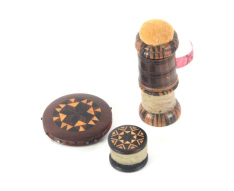 Tunbridge ware - three pieces, comprising a rosewood drum form waxer with stick ware star ends, 2cms dia., a combination waxe