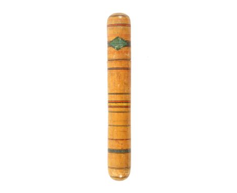 An early Tunbridge ware paint and label decorated white wood knitting needle case, of cylinder form, colour ring painted body